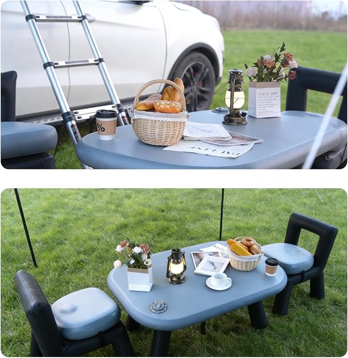 PlayDo Air Chair and Table Portable Blow Up Picnic Table Inflatable Camp Seats with Back Durable Camping Outdoor Furniture Lightweight Waterproof Stool with Back Support (Table)