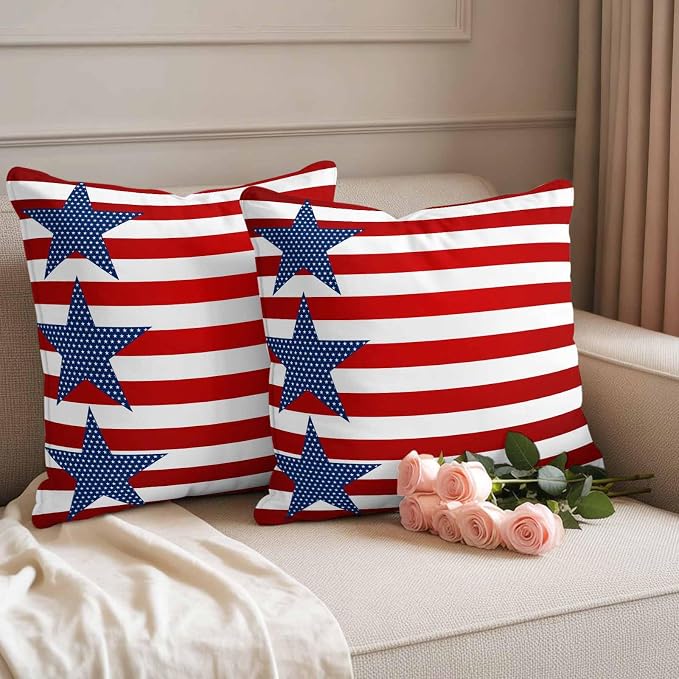 4th of July Outdoor Throw Pillows Covers 24x24 inch Set of 2 Waterproof Patriotic American Flag Zippered Cushion Covers for Patio Furniture, Red White and Blue Stars Stripes Lumbar Pillowcases