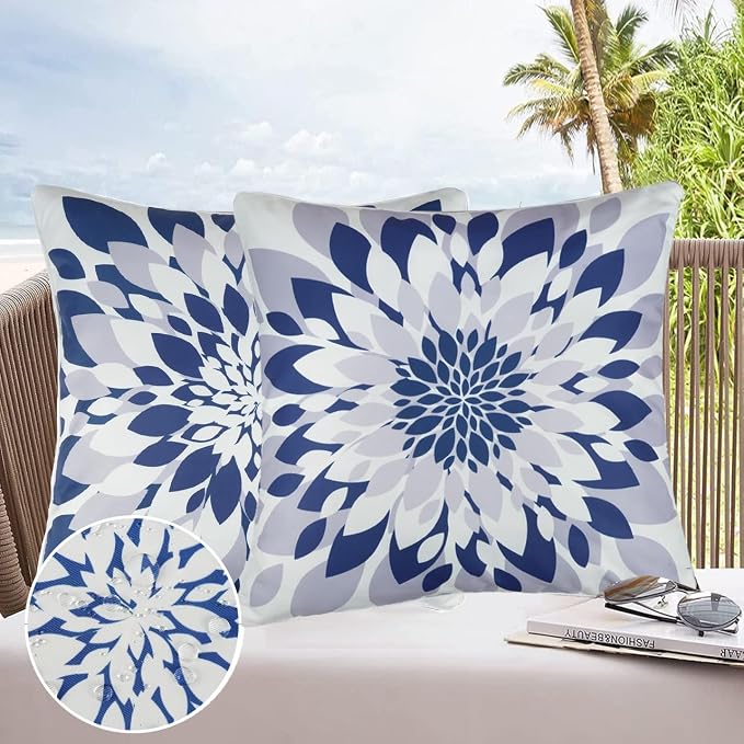 JASEN Outdoor Waterproof Pillow Covers, Blue Floral Pillow Covers, Set of 2 18x18, Double-Sided Decorative Outside Throw Pillows for Patio Furniture Couch Porch Garden