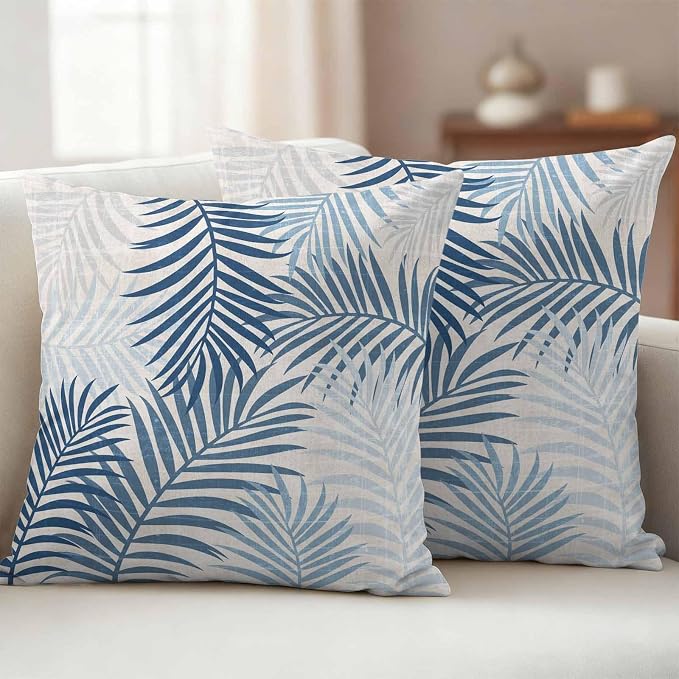 Outdoor Waterproof Throw Pillow Covers, Blue Grey Palm Leaves Decorative Pillow Cases, Summer Botanical Tropical Leaf Couch Pillow Protector Patio Sofa Cushion Covers Replacement 16"x16" 2 Pack