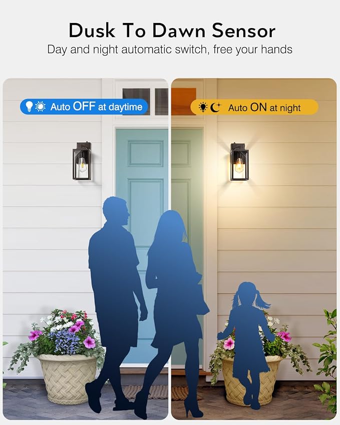 VIANIS Dusk to Dawn Outdoor House Lights Wall Mount, 2 Packs Oil Rubbed Bronze Gold Trim Exterior Garage Lighting Fixtures, Farmhouse Outdoor Wall Sconce Lantern for Porch Patio, Anti-Rust Waterproof