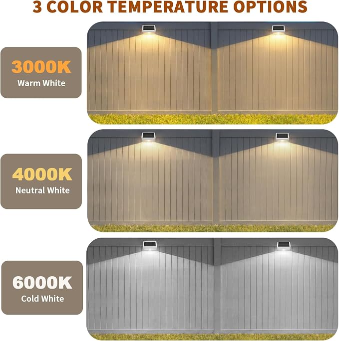 Solar Fence Lights 12 Pack, Outdoor Solar Lights with 3 Color Temperatures, IP65 Waterproof Wide-Angle LED Lighting for Fence, Patio, Yard, Deck, Wall, Garden (White)