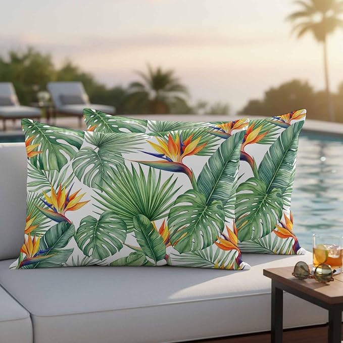 Tropical Plants Outdoor Pillow Covers 20x12 Inch Lumbar Pillow Covers Set of 2 Waterproof Decorative Throw Pillow Cases Summer Palm Leaves Monstera Green Cushion Covers for Patio Furniture Garden