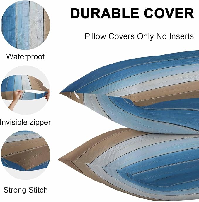 Throw Pillow Covers 20x20 Inch Set of 2, Blue Brown Waterproof Outdoor Cushion Covers, Gradient Wood Grain Farmhouse Country Decorative Pillowcases for Couch, Sofa, Bed, Garden, Patio