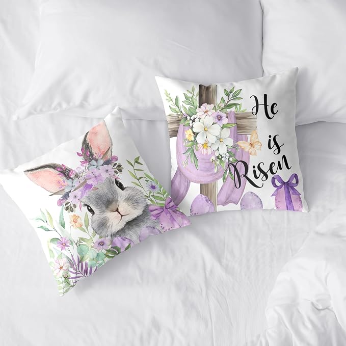 2 Pack Easter Throw Pillow Covers Floral Cross He is Risen Pillow Covers 18x18 Bunny Pillow Cases Purple Eggs Lovely Rabbits Cushion Cases for Home Farmhouse Spring Decor