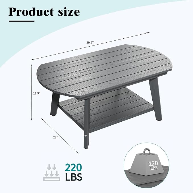 HIPS Outdoor Patio Furniture Coffee Table, All-Weather Outdoor Coffee Table, Modern Rectangle Coffee Table for Balcony, Garden, Slanted Leg
