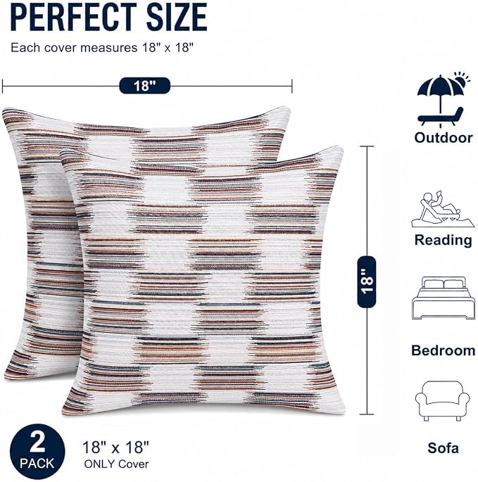Outdoor Pillow Covers Waterproof Throw Pillow Covers, Set of 2 Jacquard Texture Water Resistant Fade Resistant Decorative Cushion Covers for Garden Patio Bench Couch Sofa, 18x18 Inch (Woven Rainbow)