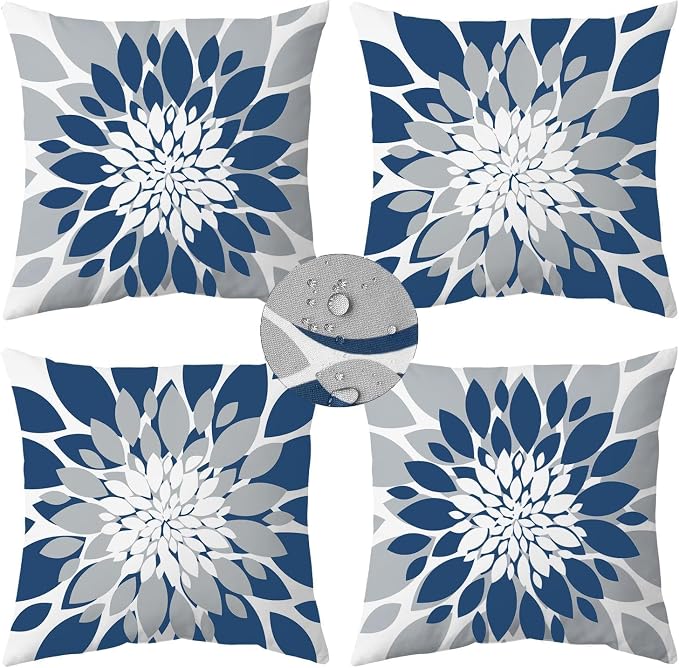 Pack of 4 Outdoor Waterproof Pillow Covers 18x18 Decorative Outdoor Throw Pillows Garden Square Cases for Patio Furniture, Couch, Tent Sunbrella, Bench, Blue Grey