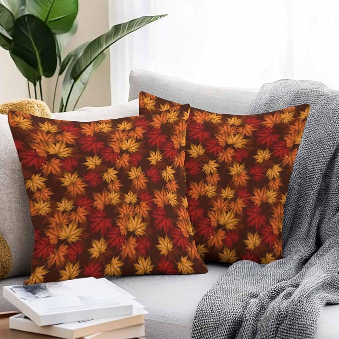 Brown Thanksgiving Outdoor Waterproof Pillow Covers, Fall Maple Leaves Farmhouse Vintage Decorative Square Throw Pillowcase Sofa Cushion Sham for Patio/Couch/Chair, 24"x24" 2 Pack