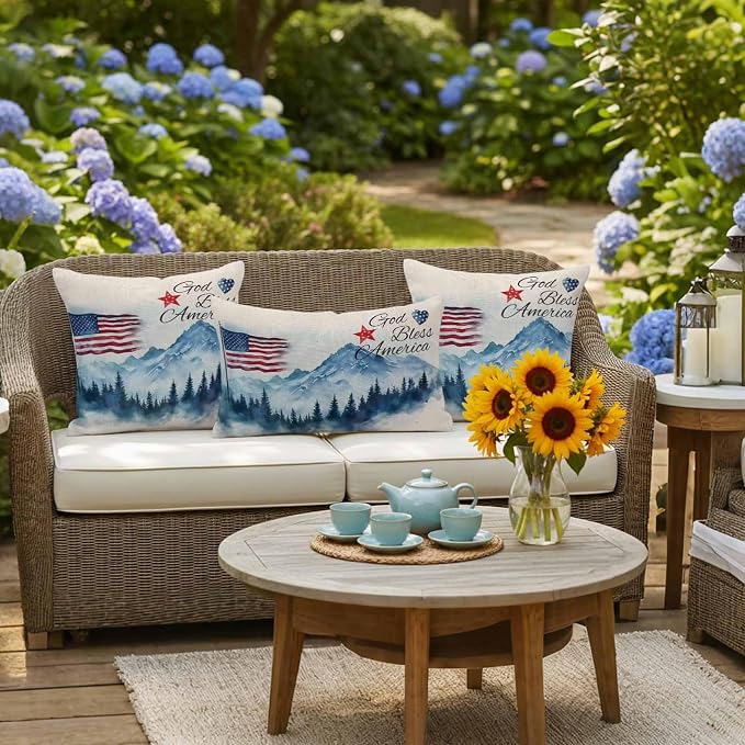 4th of July Outdoor Pillow Covers 18x18 Inch Throw Pillow Covers Set of 2 Waterproof Decorative Pillow Cases Independence Day American Flag Forest Cushion Covers for Patio Furniture Garden Couch Sofa