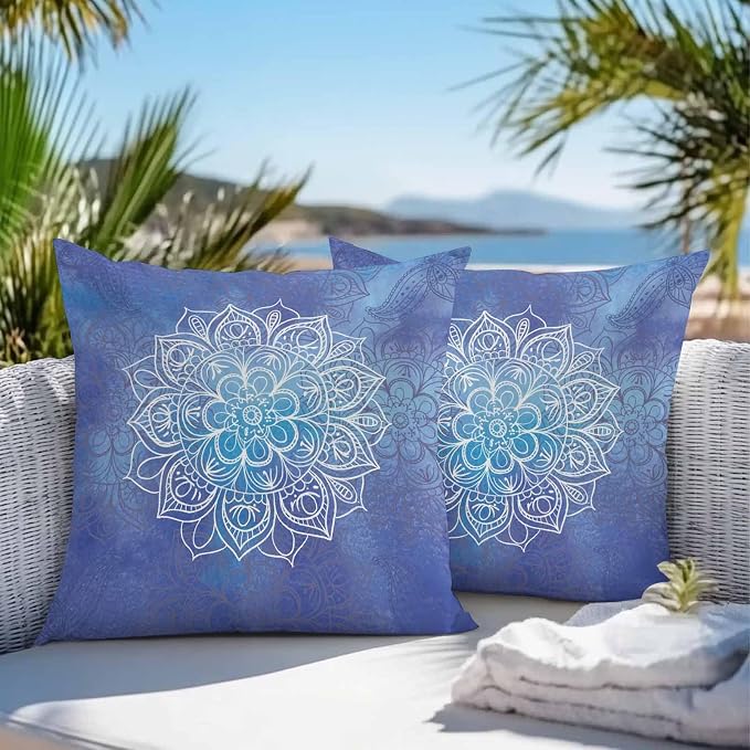 Vandarllin Outdoor Throw Pillows Covers 26x26 inch Set of 2 Waterproof Blue Boho Floral Decorative Zippered Cushion Covers for Patio Furniture, Bohemian Flower Lumbar Pillowcases