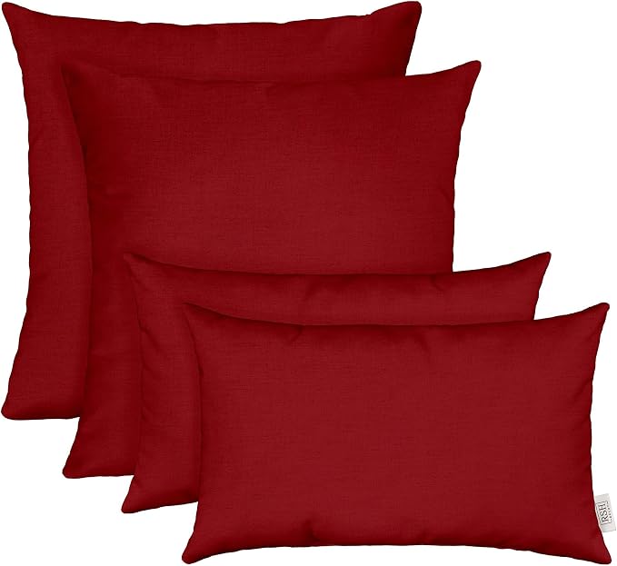 RSH DECOR Sunbrella Lumbar & Square Pillows Set of 4 | 20" x 12" & 17" x 17" | Water & Fade-Resistant Performance Fabric | Outdoor Throw Pillows | Made in USA (Play Heritage Scarlet Red)