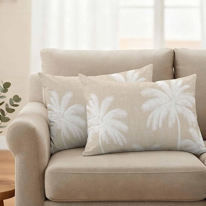 Lumbar Pillow Covers 20x12 Inch Set of 2, Beige Palm Trees Waterproof Outdoor Pillow Covers, Farmhouse Tropical Summer Beach Decorative Cushion Pillowcases for Couch, Sofa, Bed, Garden, Patio