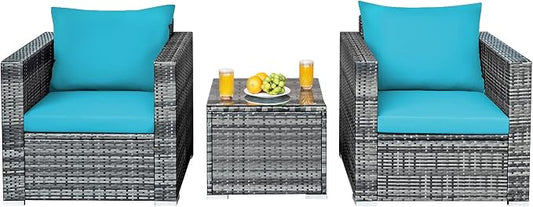 HAPPYGRILL 3 Piece Patio Conversation Set Outdoor Rattan Wicker Sofa Set with Coffee Table Patio Furniture Set with Soft Cushions for Balcony Porch Backyard Garden
