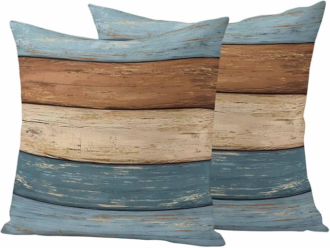 Farmhouse Blue Brown Outdoor Waterproof Pillow Covers, Vintage Wooden Striped Decorative Square Throw Pillowcase Sofa Cushion Sham for Patio/Couch/Chair, 20"x20" 2 Pack