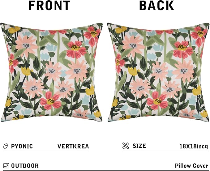 Pyonic Outdoor Pillows Covers Pack of 2 Spring Summer Floral Waterproof Throw Pillow Covers 18X18 inch Outdoor Pillows for Patio Furniture Garden Square Outside Waterproof Pillow