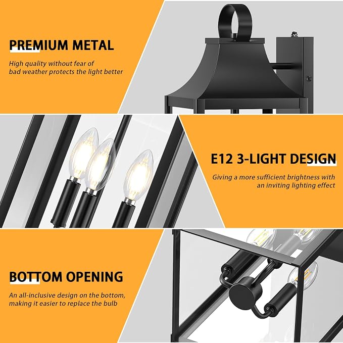 20" Extra Large Dusk to Dawn Outdoor Wall Light with 3-Light, Black | Exterior Lighting Fixtures, Waterproof Wall Mount Porch Lantern, Modern Outside Wall Sconce Garage Coach Light, E12, 1 Pack