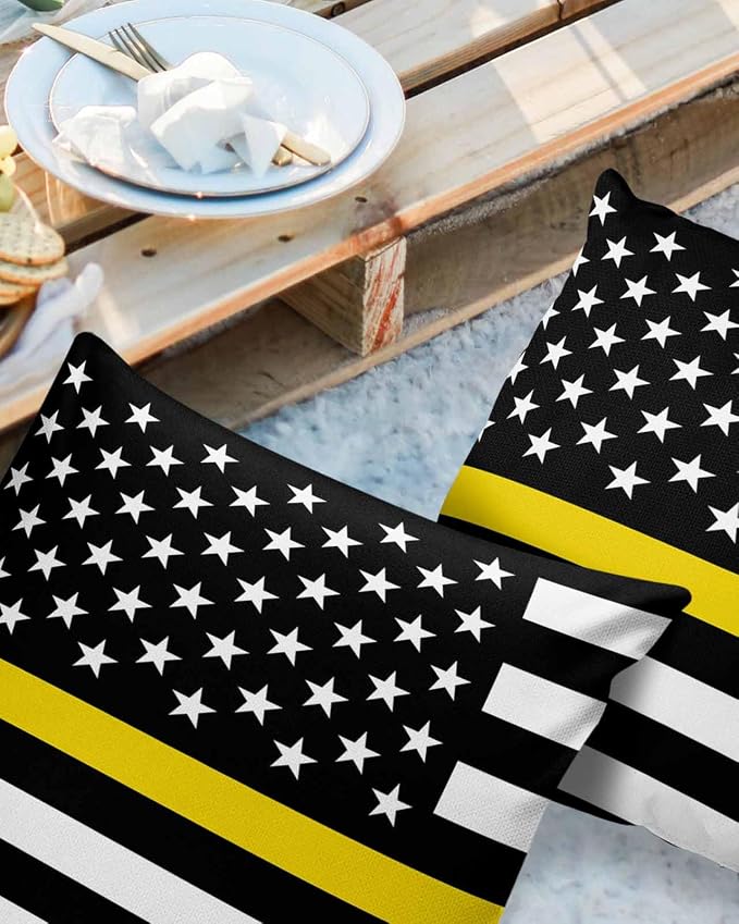 Outdoor Waterproof Pillow Covers Set of 2, Thin Yellow Line Gold Emergency Dispatchers Truck Flag Patio Throw Pillow Covers, Decorative Cushion Case for Couch Sofa Furniture Garden, 16x16 Inch