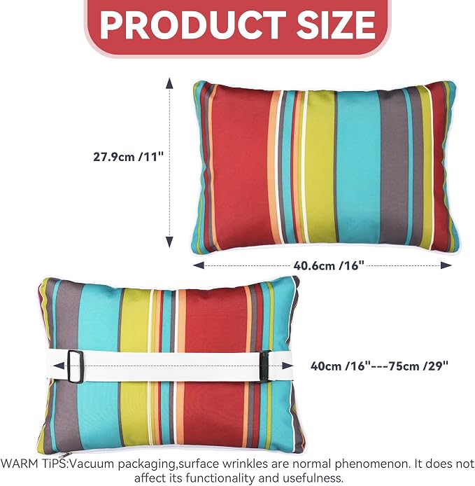 Enipate Outdoor Pillow for Chaise Lounge Chair Pack of 2 Water Resistant Headrest Lumbar Pillows with Adjustable Elastic Strap Removable Machine Washable for Pool Patio Beach Chair Garden Furniture