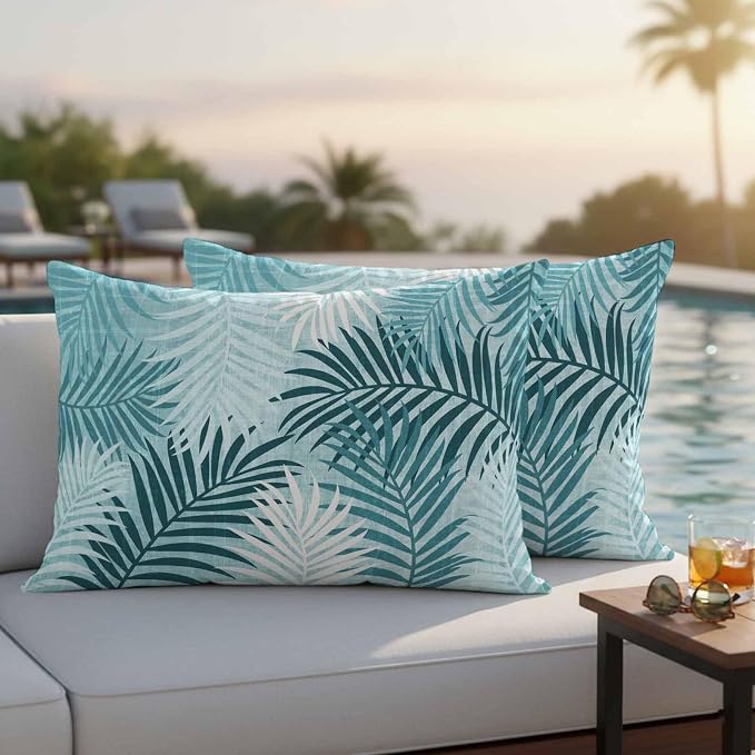 Outdoor Waterproof Throw Pillow Covers, Teal Palm Leaves Decorative Pillow Cases, Summer Botanical Tropical Leaf Couch Pillow Protector Patio Sofa Cushion Covers Replacement 20"x12" 2 Pack