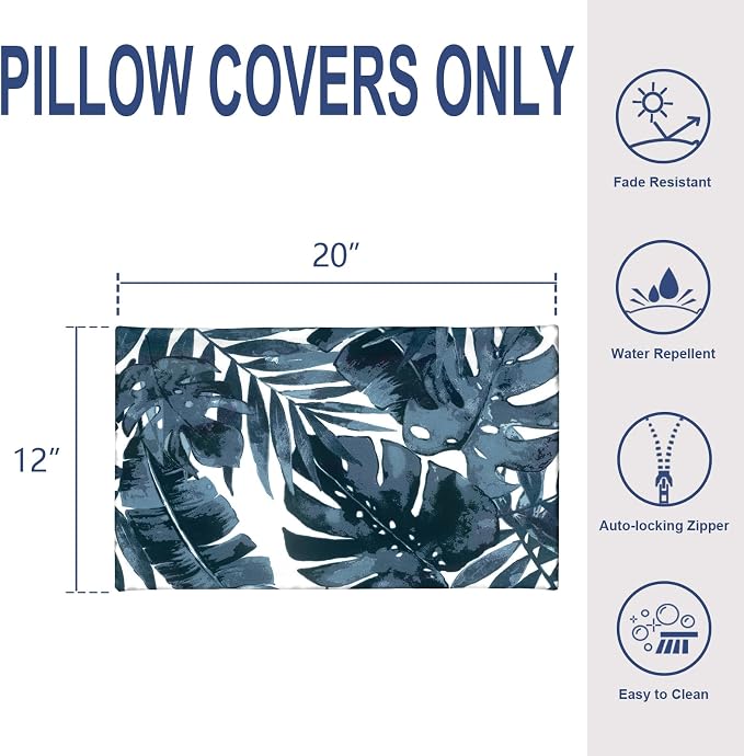 Pack of 2 Outdoor Lumbar Pillow Covers, All Weather Cushion Pillow Cases 12x20 Inch, Pillowcase for Patio Couch Decoration, Palm Blue