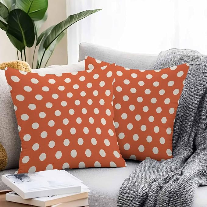 Outdoor Waterproof Throw Pillow Covers Set of 2 Orange Polka Dots Pillowcases 24x24 Inches Cute Solid Color Decorative Pillows Cushion Case Patio Pillows for Couch Bed Chair Garden