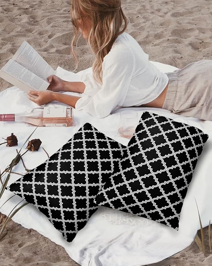 Outdoor Waterproof Pillow Covers for Patio Furniture Moroccan Pattern Decorative Throw Pillow Cover Geometric Trellis Black Pillowcases Set of 2 Cushion Case for Sofa Couch Chair Home Decor 20x12 inch