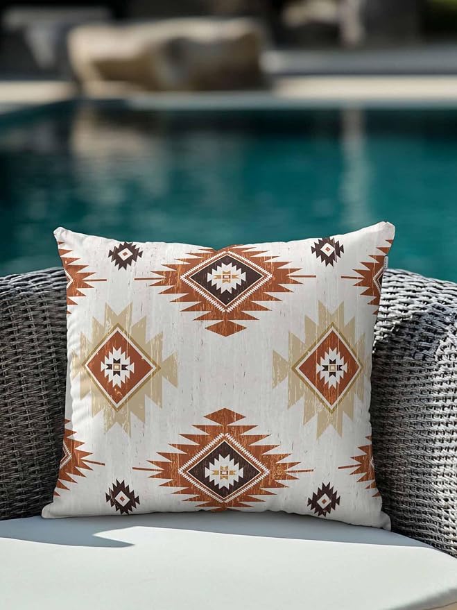 Waterproof Outdoor Pillow 1 Pack Orange Boho Aztec Decorative Throw Pillows Cover & Insert 18x18 Inch Pillowcase Southwest Tribal Style Square Pillows for Couch Sofa Bed Patio Furniture Indoor Outdoor