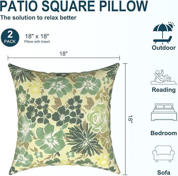 DYTXIII Pack of 2 Waterproof Outdoor Pillow with Inserts, 18x18 Square Patio Decorative Throw Pillow for Home,Sofa,Bench and Patio Furniture,Green Rose