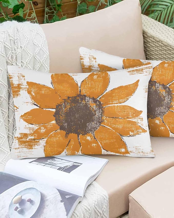 Vandarllin Outdoor Throw Pillows Covers 20x12 inch Set of 2 Waterproof Orange Sunflower Decorative Zippered Cushion Covers for Patio Furniture, Flower Field Lumbar Pillowcases