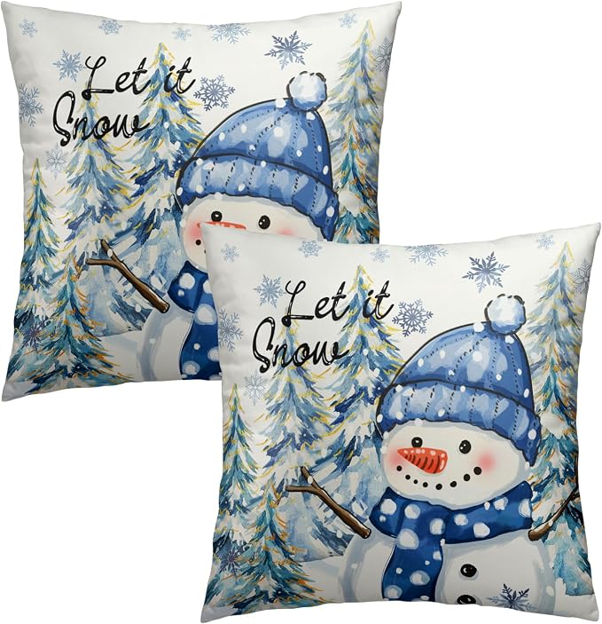 Winter Throw Pillow Covers Set of 2, 16x16 Inch – Snow Snowman Pine Trees Holiday Cotton Hidden Zipper Pillowcases for Couch Sofa Bed Porch Farmhouse Seasonal Home Decor