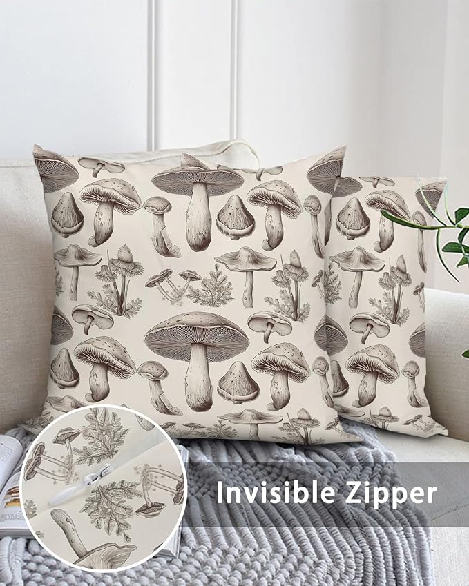 Outdoor Waterproof Throw Pillows Retro Mushroom Vintage Botanical Patio Pillows Pack of 2,Decorative Pillow Covers with Insert,Pillow Cushion Case for Garden Couch Sofa Aesthetic Plant Leaves