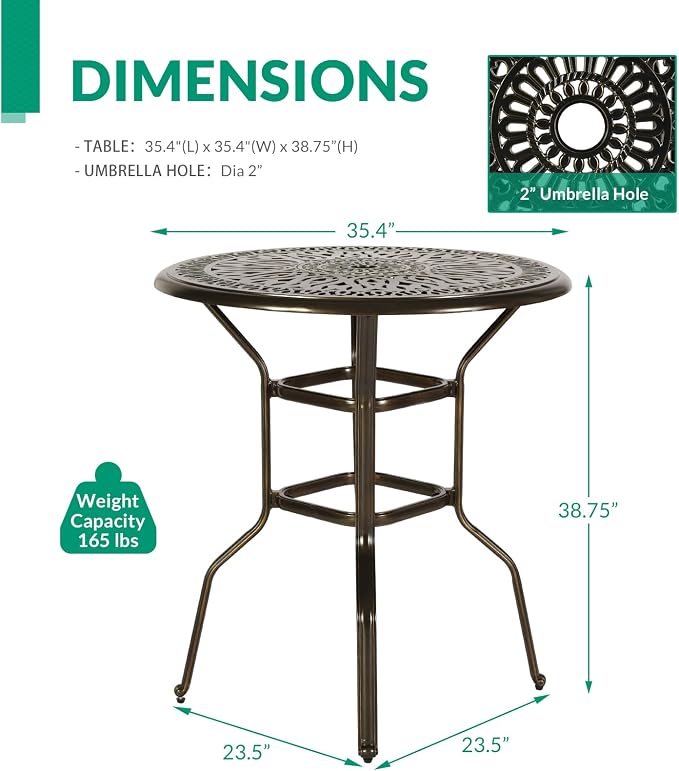 VIVIJASON 35.4" Patio Height Bar Table, All-Weather Cast Aluminum Bar Bistro Table Outdoor Patio Round Dining Table with Umbrella Hole for Balcony, Lawn, Garden, Backyard, Antique Bronze