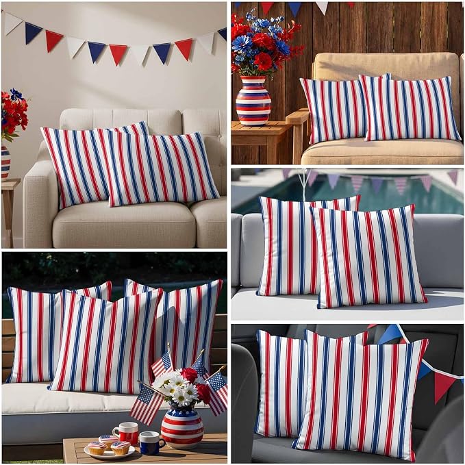 Outdoor Pillow Covers Set of 2, USA Independence Red Blue White Stripe Decor Throw Pillow Covers 20X12IN, President's Flag Day Throw Pillows Protector Cushion Case for Patio,Couch,Sofa,Garden