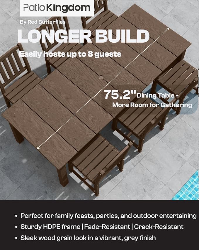 HDPE 9-Piece Outdoor Dining Set with 15FT Umbrella, Brown | All-Weather Patio Table and Chairs, Fade-Resistant Patio Furniture Dining Set for Lawn, Garden, Deck, Backyard, Poolside
