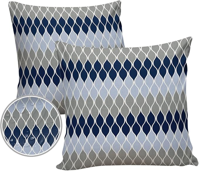 Outdoor Pillows 18x18 Waterproof Outdoor Pillow Covers, Geometic Mid Century Geo Polyester Throw Pillow Covers Garden Cushion Decorative Case for Patio Couch Decoration Set of 2, Navy Blue Grey