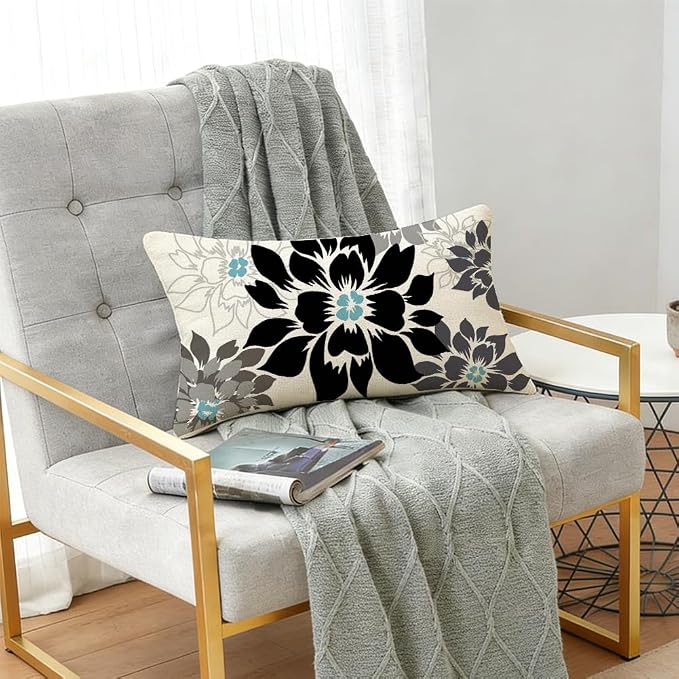 Waterproof Black and Gray Dahlia Floral Outdoor Pillow Covers 12x20 Inch, Decorative Spring Summer Cushion Cases for Living Room Sofa Patio Garden Porch