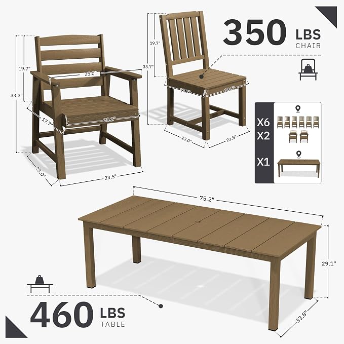 AreShark Patio Dining Chair Set of 2,All Weather HDPE Outdoor Dining Armless Chairs with Wide Seat and Backrest,Weatherproof Patio Chairs for Garden,Backyard,Deck,Brown