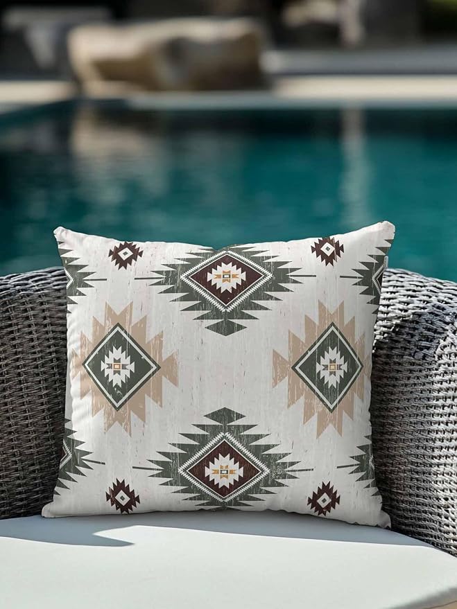 Waterproof Outdoor Pillow 1 Pack Sage Green Boho Aztec Decorative Throw Pillows Cover & Insert 16x16 Inch Pillowcase Southwest Tribal Style Pillows for Couch Sofa Bed Patio Furniture Indoor Outdoor