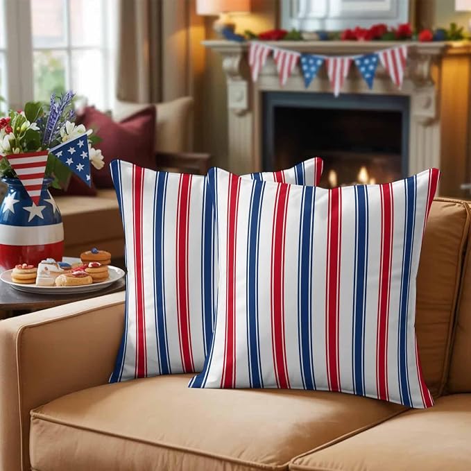 Outdoor Pillow Covers Set of 2, USA Independence Red Blue White Stripe Decor Throw Pillow Covers 16X16IN, President's Flag Day Throw Pillows Protector Cushion Case for Patio,Couch,Sofa,Garden