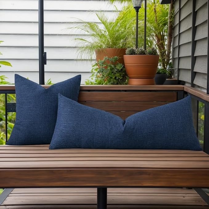 Kevin Textile Outdoor Waterproof 14”x36” Lumbar Pillow Cover 1 Pack, Blue | Water Resistant, Soft Faux Linen-cotton Yarn-dyed Woven Texture Throw Pillow Covers for Tent Patio Garden Couch Sofa