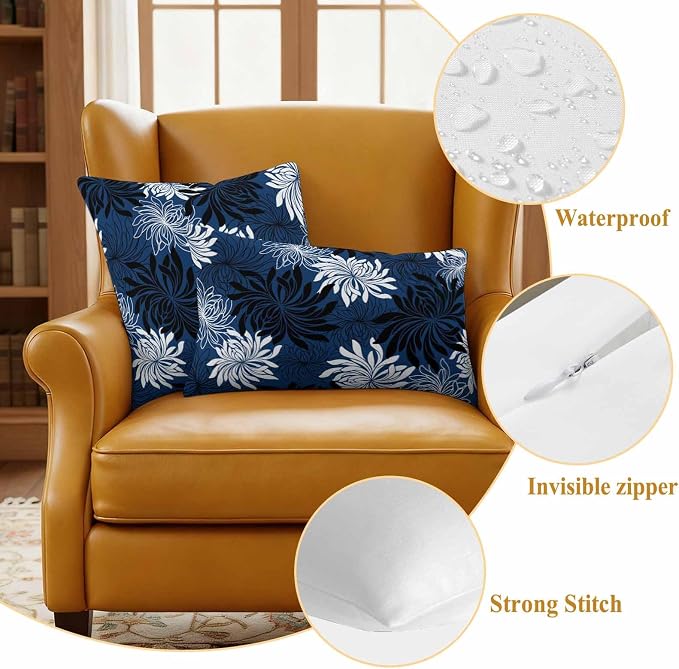 Yukro Blue Black Floral Outdoor Waterproof Pillow Covers Pack of 2, Vintage Blue White Black Flower Decorative Throw Pillowcases Cushion Covers for Garden Patio Tent Sofa Couch, 24x24 inch