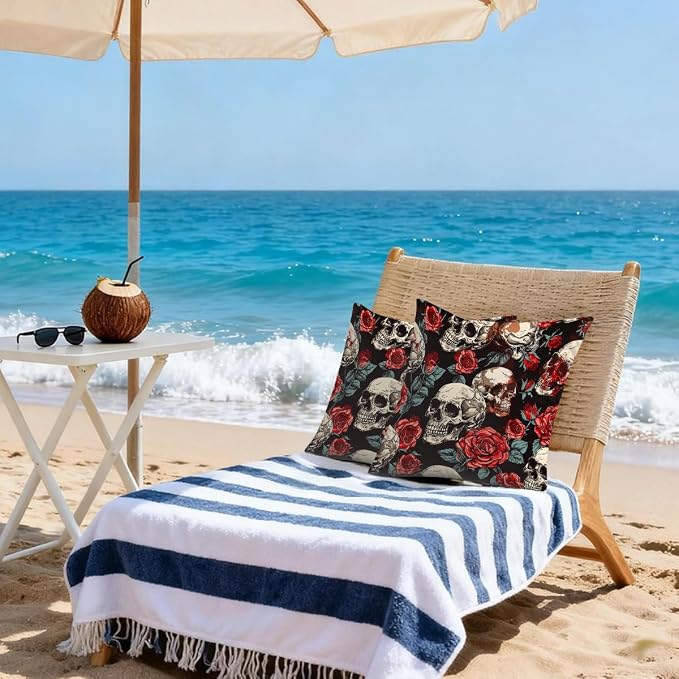 16x16 Inch Outdoor Pillow Covers Set of 2 Waterproof Throw Pillow Covers Decorative Couch Cushion Covers Floral Rose Skull Square Pillowcases Protectors for Patio Garden Sofa