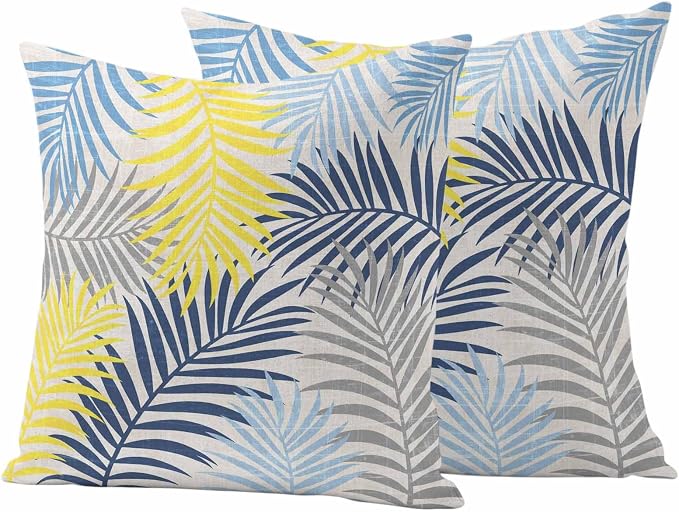 Yellow Blue Palm Leaves Outdoor Pillow Covers 24"x24" Set of 2, Summer Botanical Vintage Tropical Leaf Rustic Waterproof Throw Pillow Covers for Patio Furniture, Decorative Cushion Covers for Porch