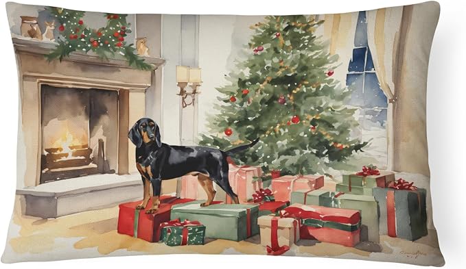 Caroline's Treasures DAC2612PW1216 Black and Tan Coonhound Cozy Christmas Throw Pillow Machine Washable, Indoor Outdoor Decorative Pillow for Couch, Bed or Patio, 12HX16W