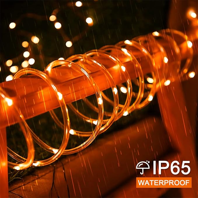 JMEXSUSS Orange Halloween Solar Lights, 66 ft 200 LED Rope Lights Outdoor Waterproof, PVC Tube Orange Christmas String Lights for Halloween Thanksgiving Fall Party Tree Fence Christmas (Pack of 2)
