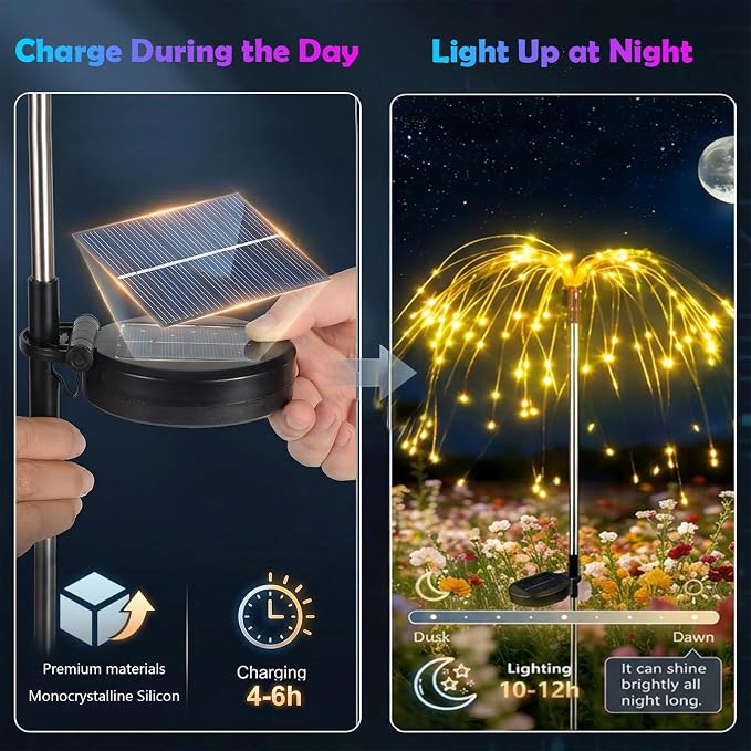 Solar Firework Lights Outdoor, Adjustable 32" to 51" Extra Tall, 200 LED Stainless Steel 3-Section Pole, 8 Modes Waterproof Starburst Garden Lights for Yard Pathway Walkway Decor(Warm White 2 Pack)