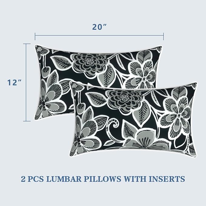 LVTXIII Set of 2 Outdoor Lumbar Pillows for Patio Furniture with White Piping, 12"x20" Fade Resistant Patio Lumbar Pillows with Inserts for Home Coach Sofa Use, Flower Black