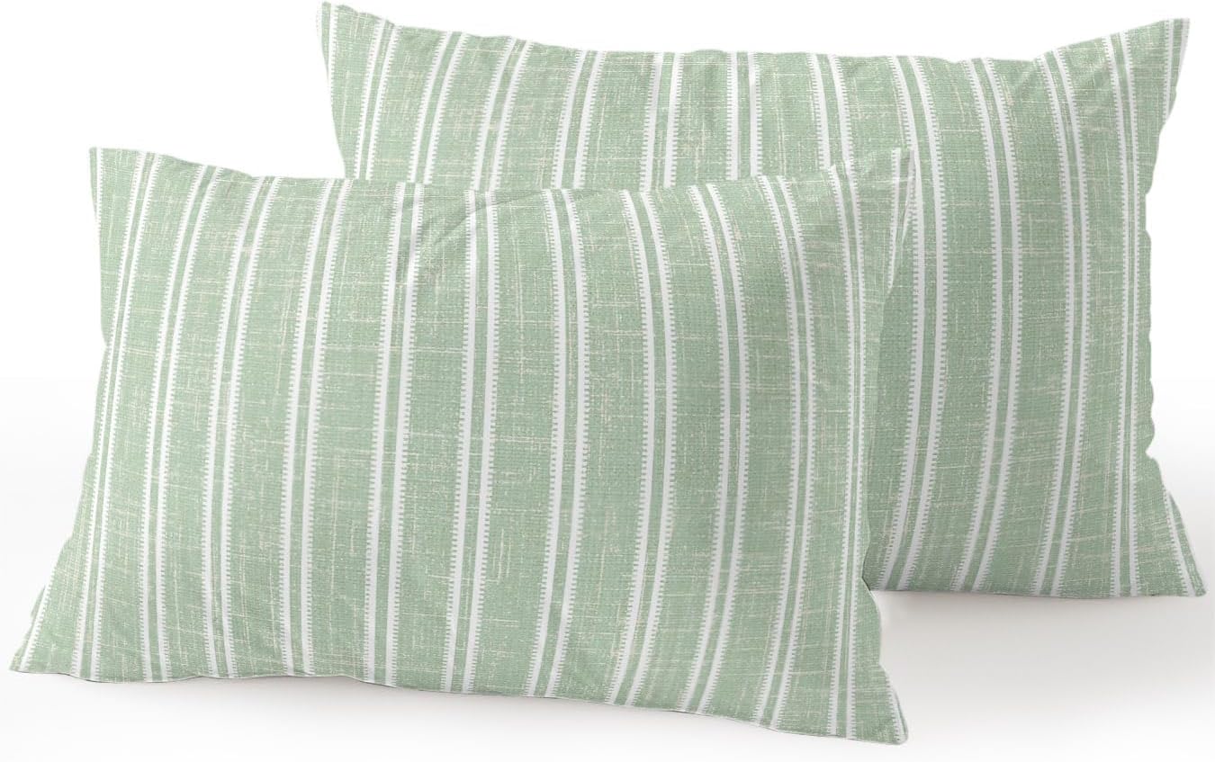 Waterproof Outdoor Pillow Set of 2 Green Linen Striped Decorative Throw Pillows Cover & Insert 20x12 Inch Lumbar Pillowcase Vertical Stripes Lines Pillows for Couch Sofa Bed Patio Furniture