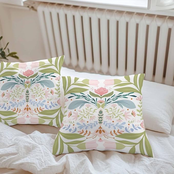 Outdoor Pillow Covers Waterproof, Green Blue Pink Floral All Weather Cushion Case Set of 2, Rustic Ethnic Boho Flowers Botanical Decorative Pillowcases for Sofa Couch Bed Decor Patio Furniture 26"x26"